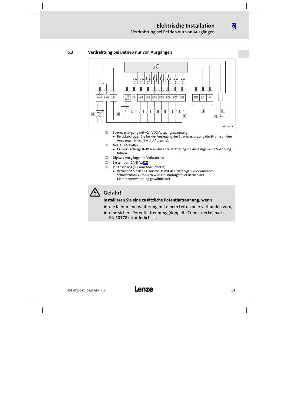 3 verdrahtung bei betrieb nur von ausgängen, Verdrahtung bei betrieb nur von ausgängen, Elektrische installation | Gefahr | Lenze EMZ9374IB User Manual | Page 17 / 122