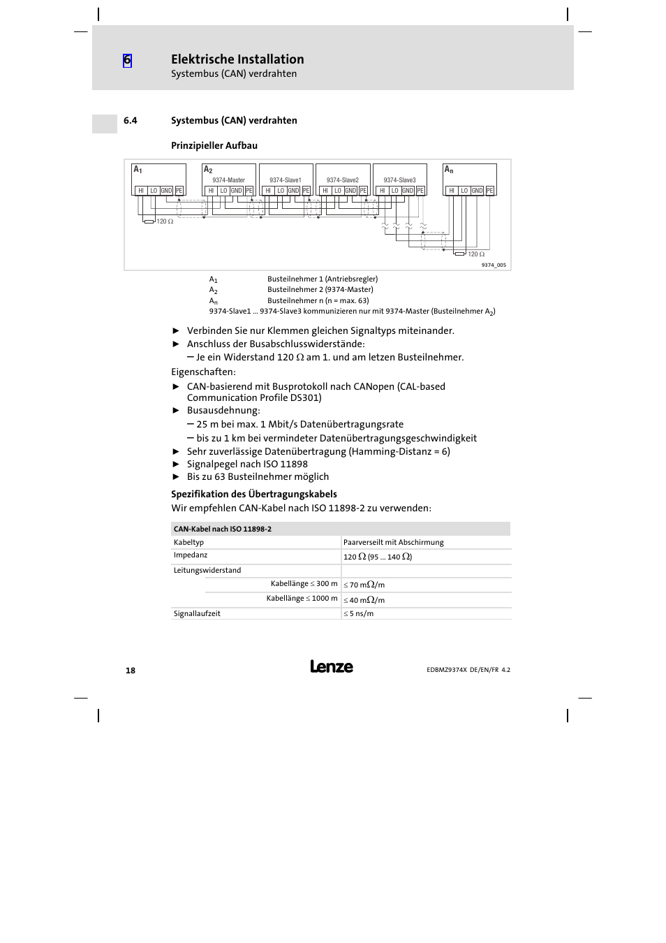 4 systembus (can) verdrahten, Systembus (can) verdrahten, Elektrische installation | Lenze EMZ9374IB User Manual | Page 18 / 122
