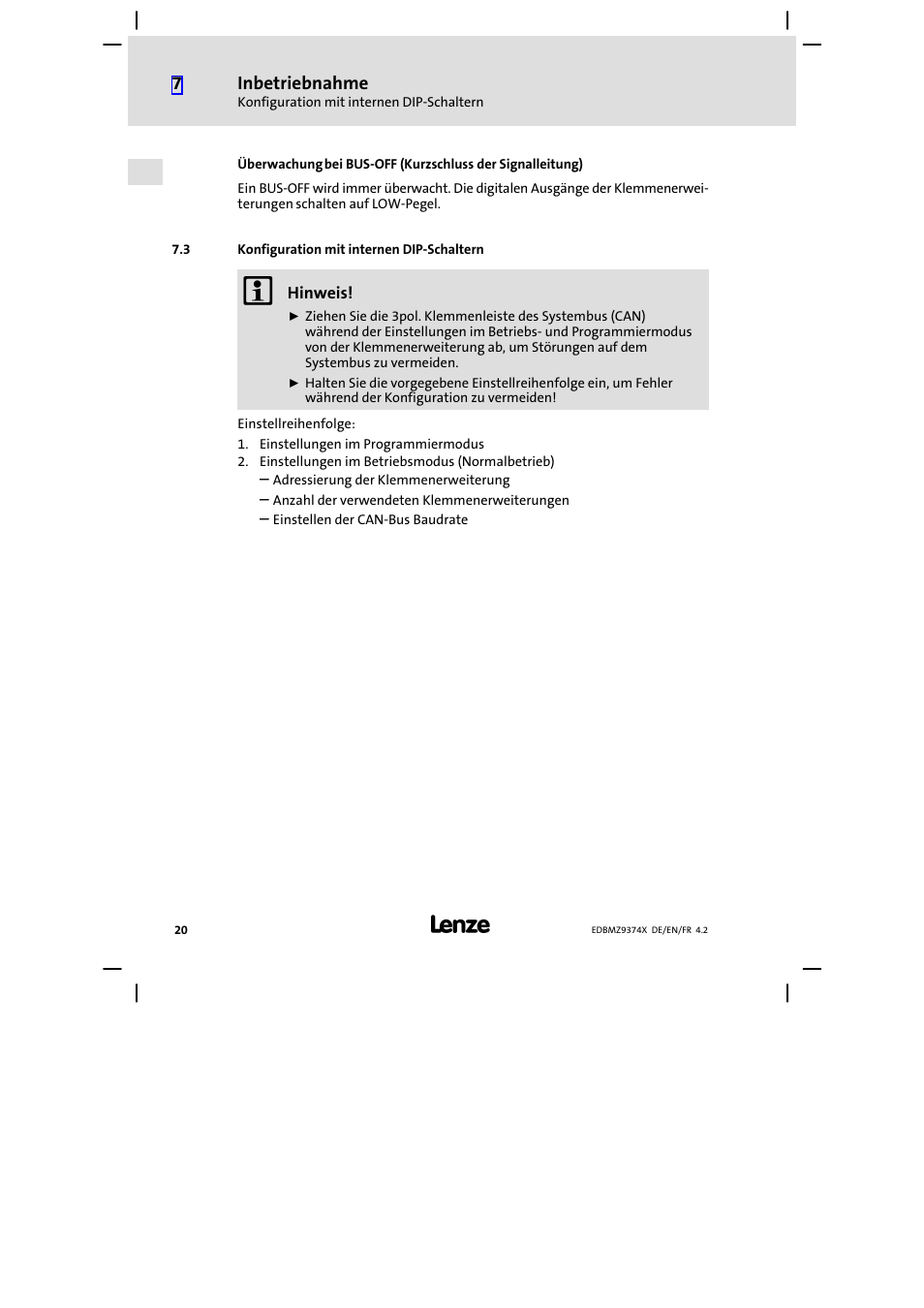 3 konfiguration mit internen dip-schaltern, Konfiguration mit internen dip−schaltern | Lenze EMZ9374IB User Manual | Page 20 / 122