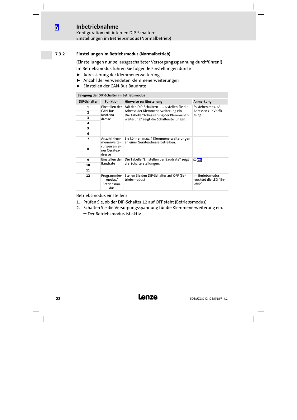 2 einstellungen im betriebsmodus (normalbetrieb), Einstellungen im betriebsmodus (normalbetrieb), Inbetriebnahme | Lenze EMZ9374IB User Manual | Page 22 / 122