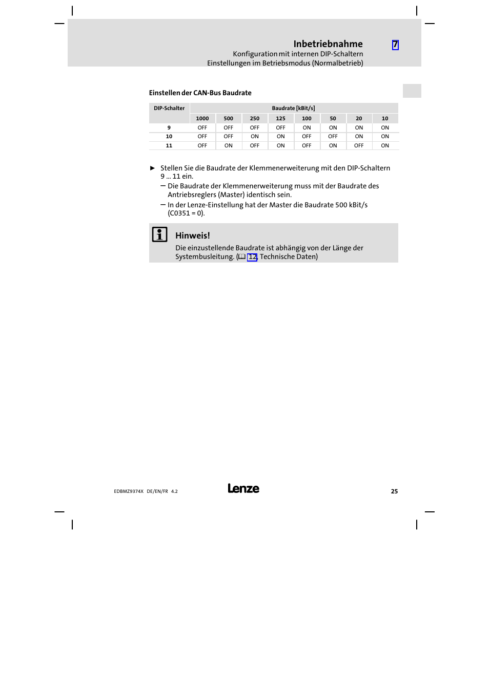 Inbetriebnahme, Hinweis | Lenze EMZ9374IB User Manual | Page 25 / 122