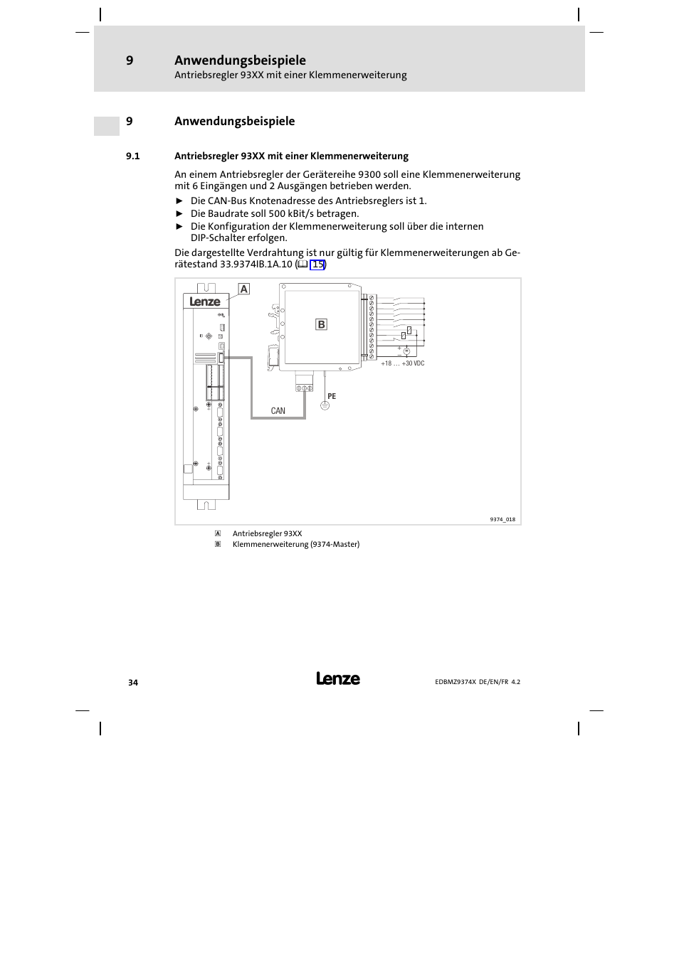 9 anwendungsbeispiele, 1 antriebsregler 93xx mit einer klemmenerweiterung, Anwendungsbeispiele | Antriebsregler 93xx mit einer klemmenerweiterung | Lenze EMZ9374IB User Manual | Page 34 / 122