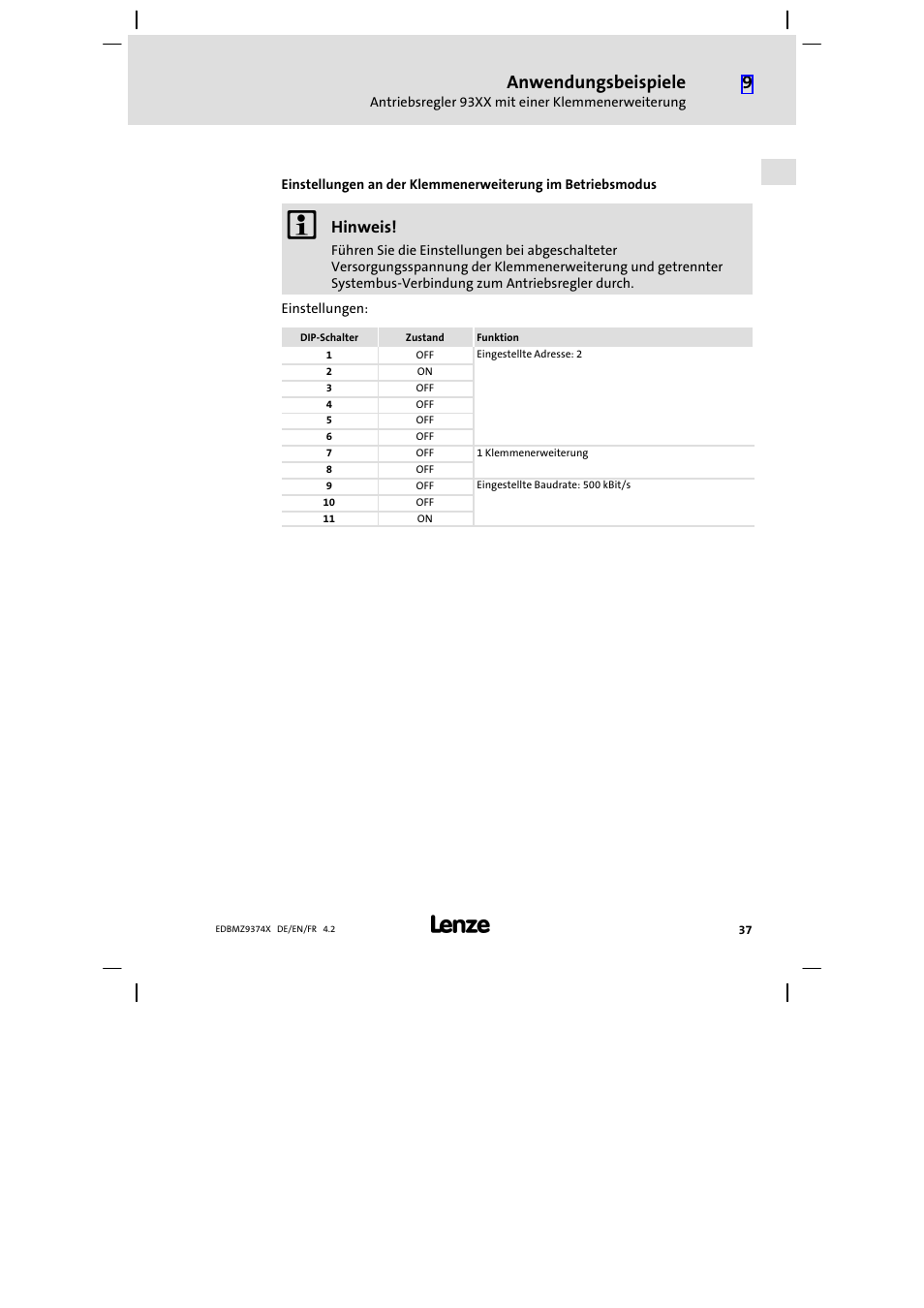 Anwendungsbeispiele, Hinweis | Lenze EMZ9374IB User Manual | Page 37 / 122