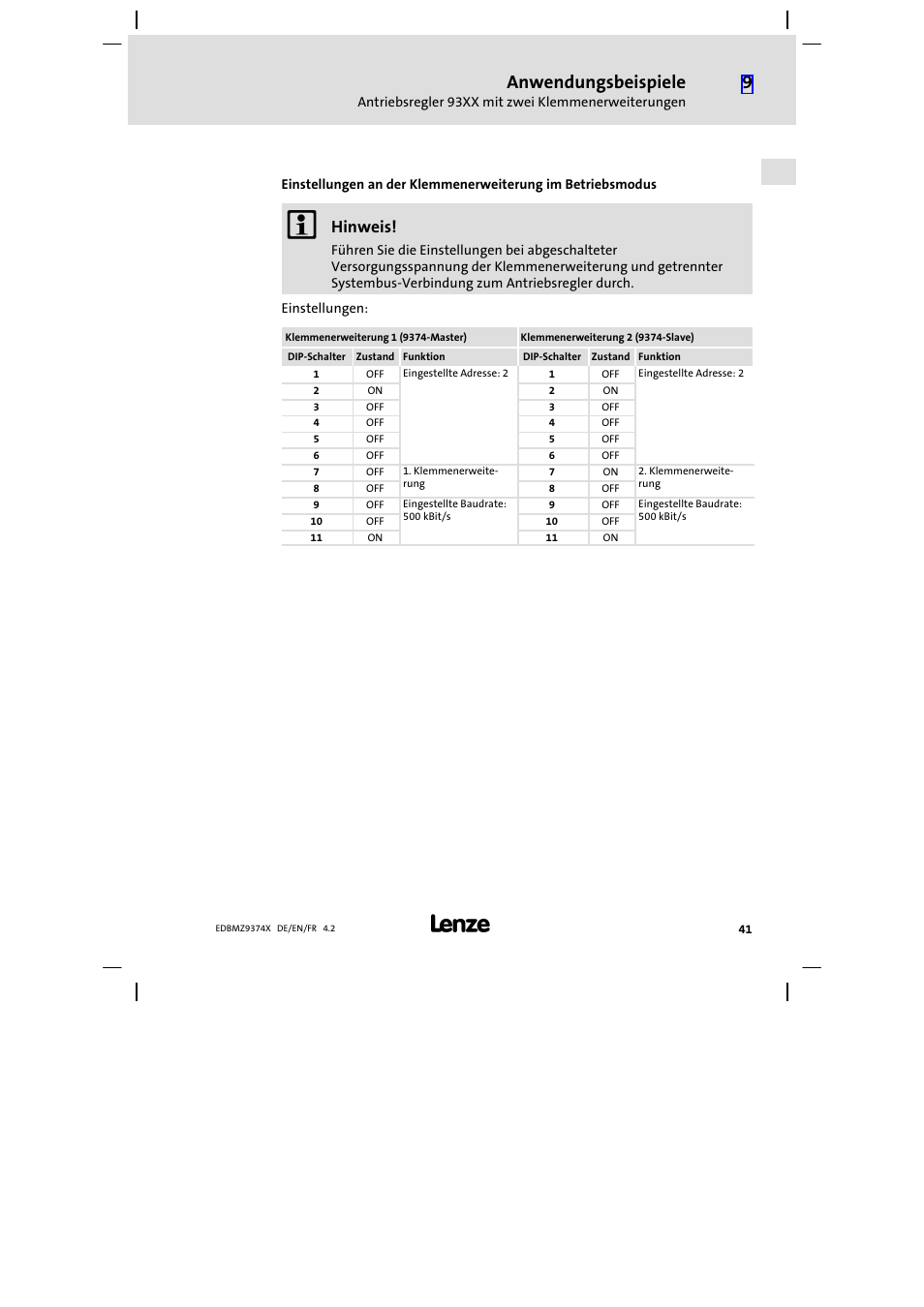 Anwendungsbeispiele, Hinweis | Lenze EMZ9374IB User Manual | Page 41 / 122