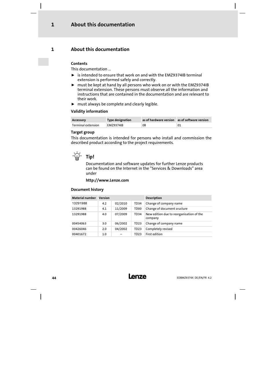 1 about this documentation, About this documentation, About this documentation 1 | 1about this documentation | Lenze EMZ9374IB User Manual | Page 44 / 122