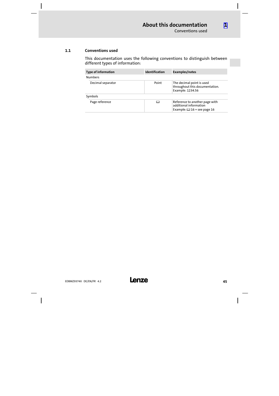 1 conventions used, Conventions used, About this documentation | Lenze EMZ9374IB User Manual | Page 45 / 122