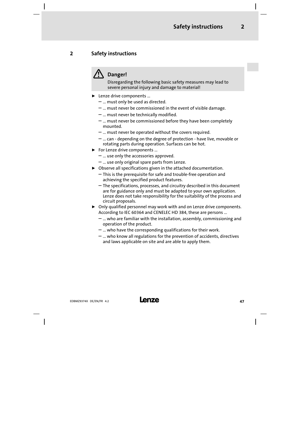 2 safety instructions, Safety instructions | Lenze EMZ9374IB User Manual | Page 47 / 122