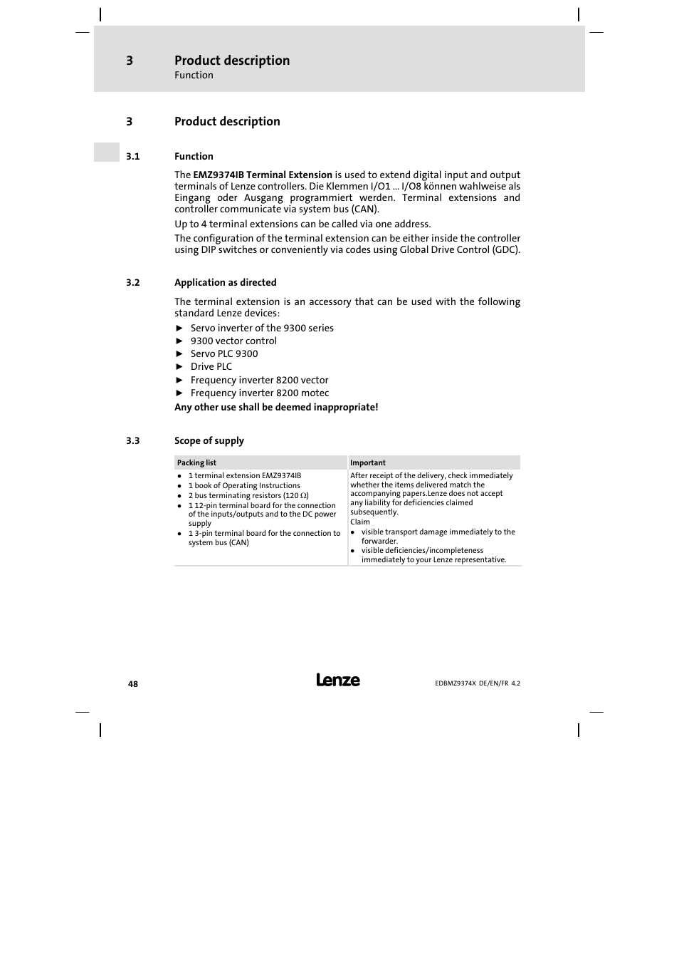 3 product description, 1 function, 2 application as directed | 3 scope of supply, Product description, Function, Application as directed, Scope of supply, 3product description | Lenze EMZ9374IB User Manual | Page 48 / 122