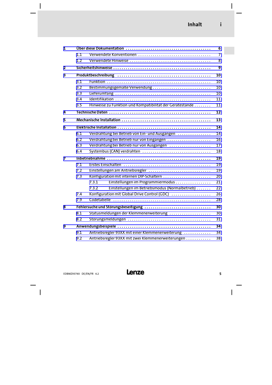 Inhalt, Inhalt i | Lenze EMZ9374IB User Manual | Page 5 / 122