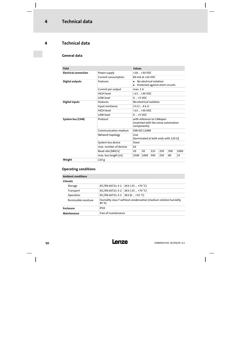 4 technical data, Technical data, Technical data 4 | 4technical data | Lenze EMZ9374IB User Manual | Page 50 / 122