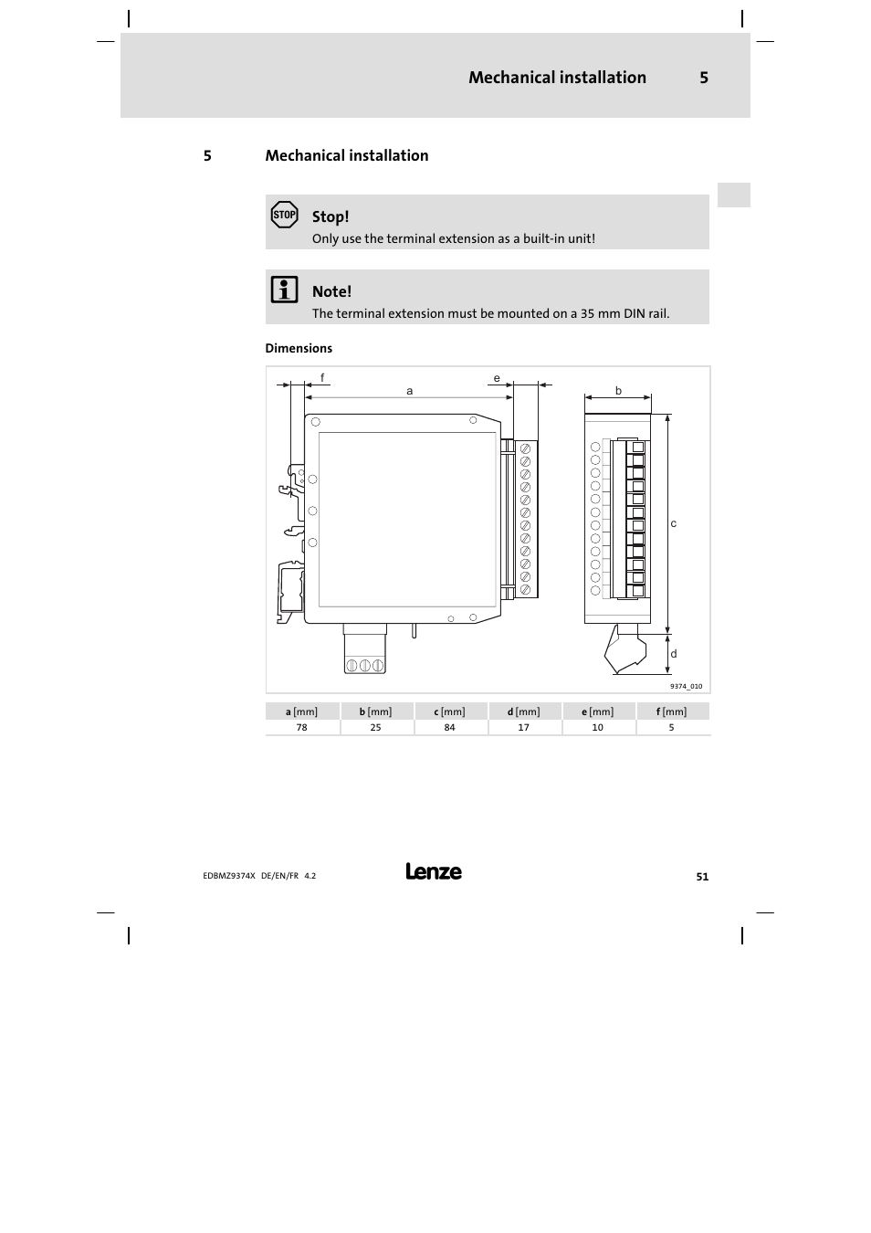 5 mechanical installation, Mechanical installation, Mechanical installation 5 | Lenze EMZ9374IB User Manual | Page 51 / 122