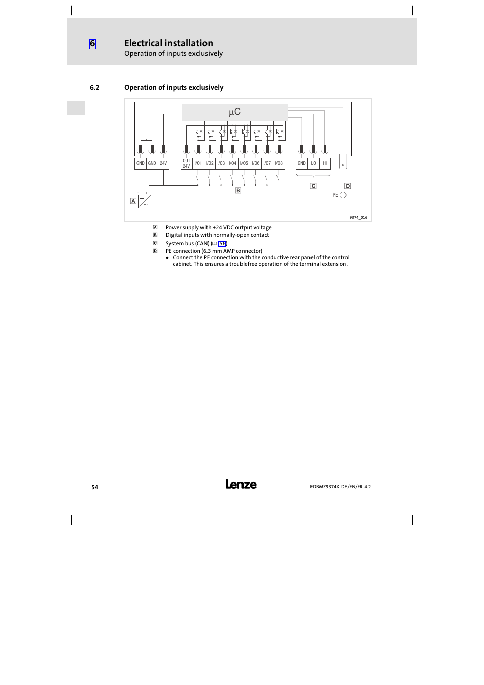 2 operation of inputs exclusively, Operation of inputs exclusively, Electrical installation | Lenze EMZ9374IB User Manual | Page 54 / 122