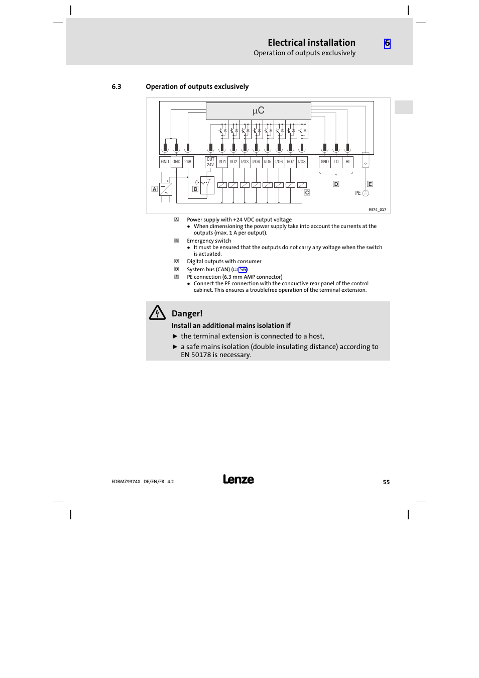 3 operation of outputs exclusively, Operation of outputs exclusively, Electrical installation | Danger | Lenze EMZ9374IB User Manual | Page 55 / 122