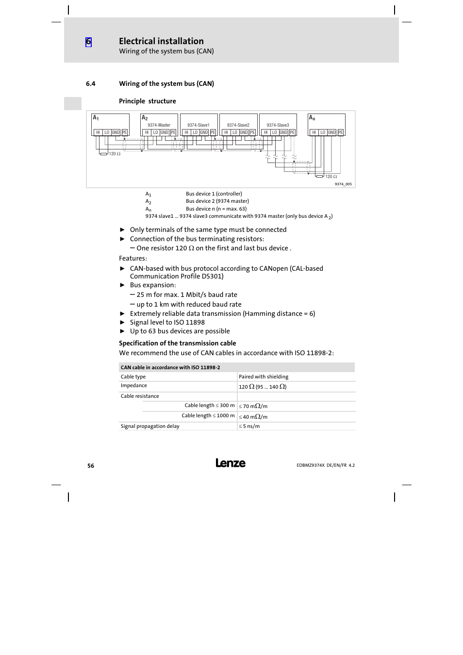 4 wiring of the system bus (can), Wiring of the system bus (can), Electrical installation | Lenze EMZ9374IB User Manual | Page 56 / 122