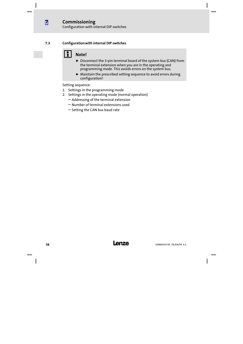 3 configuration with internal dip switches, Configuration with internal dip switches | Lenze EMZ9374IB User Manual | Page 58 / 122