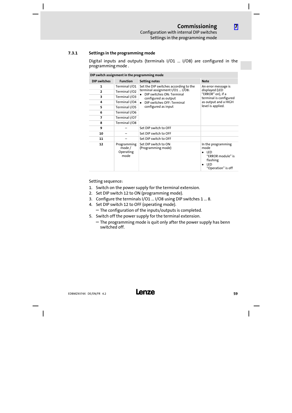 1 settings in the programming mode, Settings in the programming mode, Commissioning | Lenze EMZ9374IB User Manual | Page 59 / 122