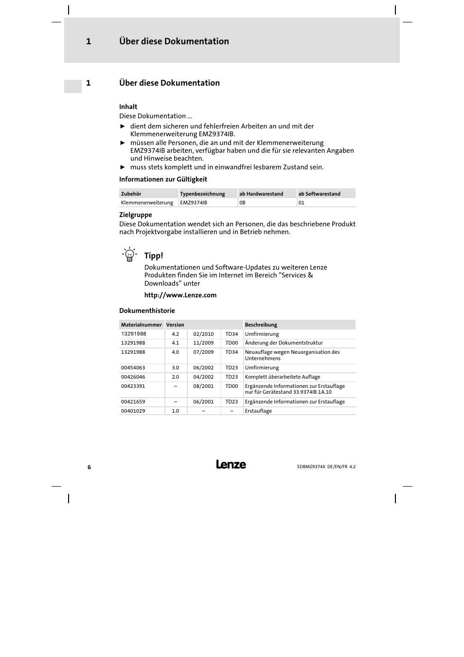 1 über diese dokumentation, Über diese dokumentation, Über diese dokumentation 1 | 1über diese dokumentation, Tipp | Lenze EMZ9374IB User Manual | Page 6 / 122