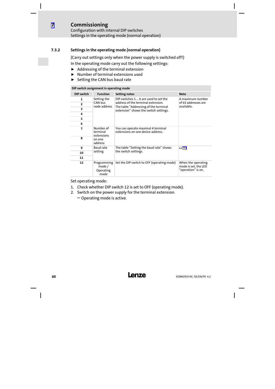 Settings in the operating mode (normal operation), Commissioning | Lenze EMZ9374IB User Manual | Page 60 / 122