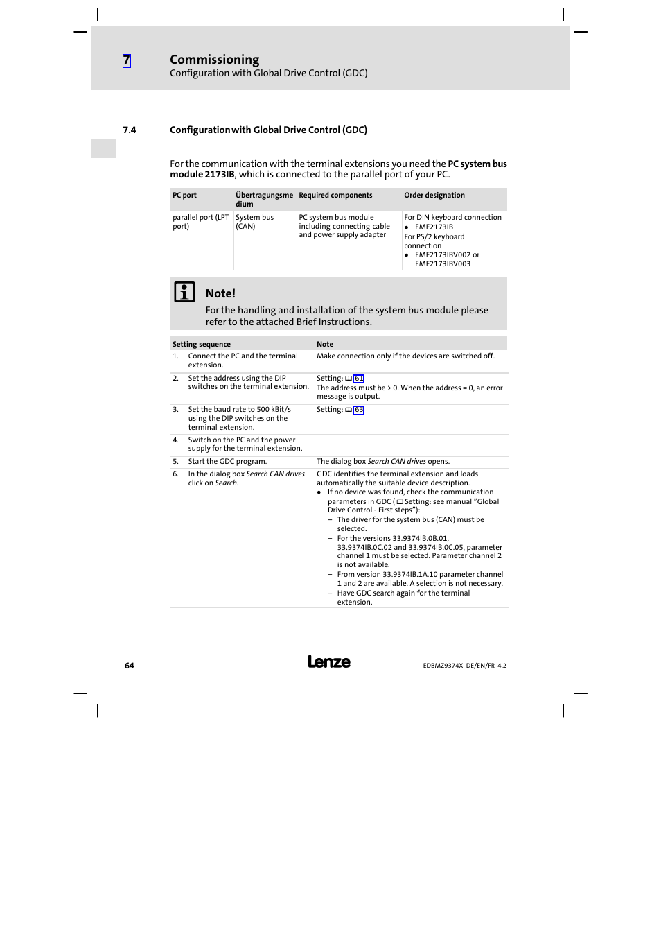 4 configuration with global drive control (gdc), Configuration with global drive control (gdc), Commissioning | Lenze EMZ9374IB User Manual | Page 64 / 122