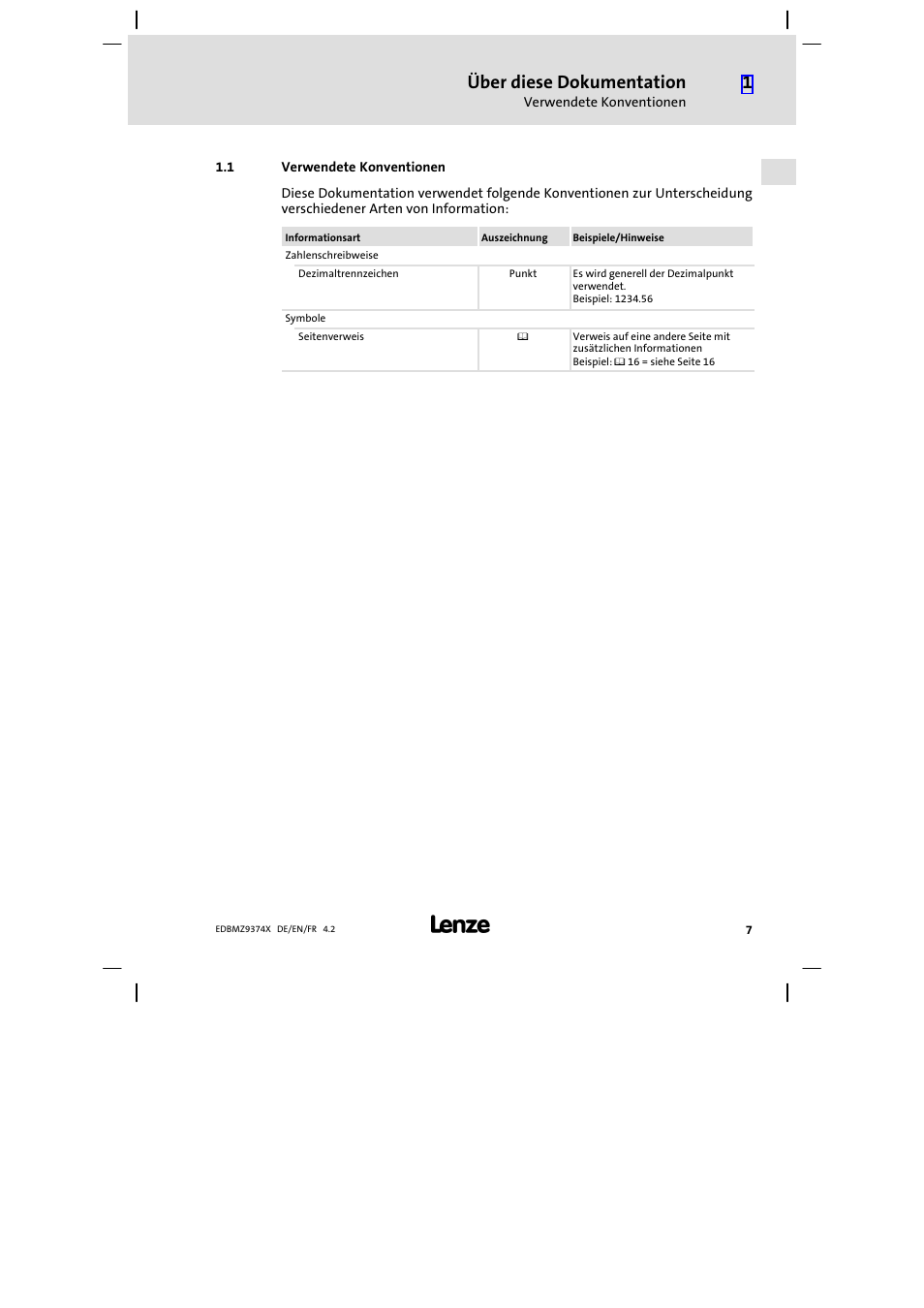 1 verwendete konventionen, Verwendete konventionen, Über diese dokumentation | Lenze EMZ9374IB User Manual | Page 7 / 122