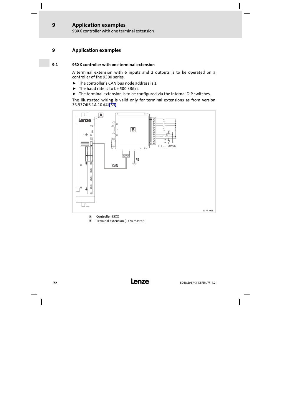 9 application examples, 1 93xx controller with one terminal extension, Application examples | 93xx controller with one terminal extension | Lenze EMZ9374IB User Manual | Page 72 / 122