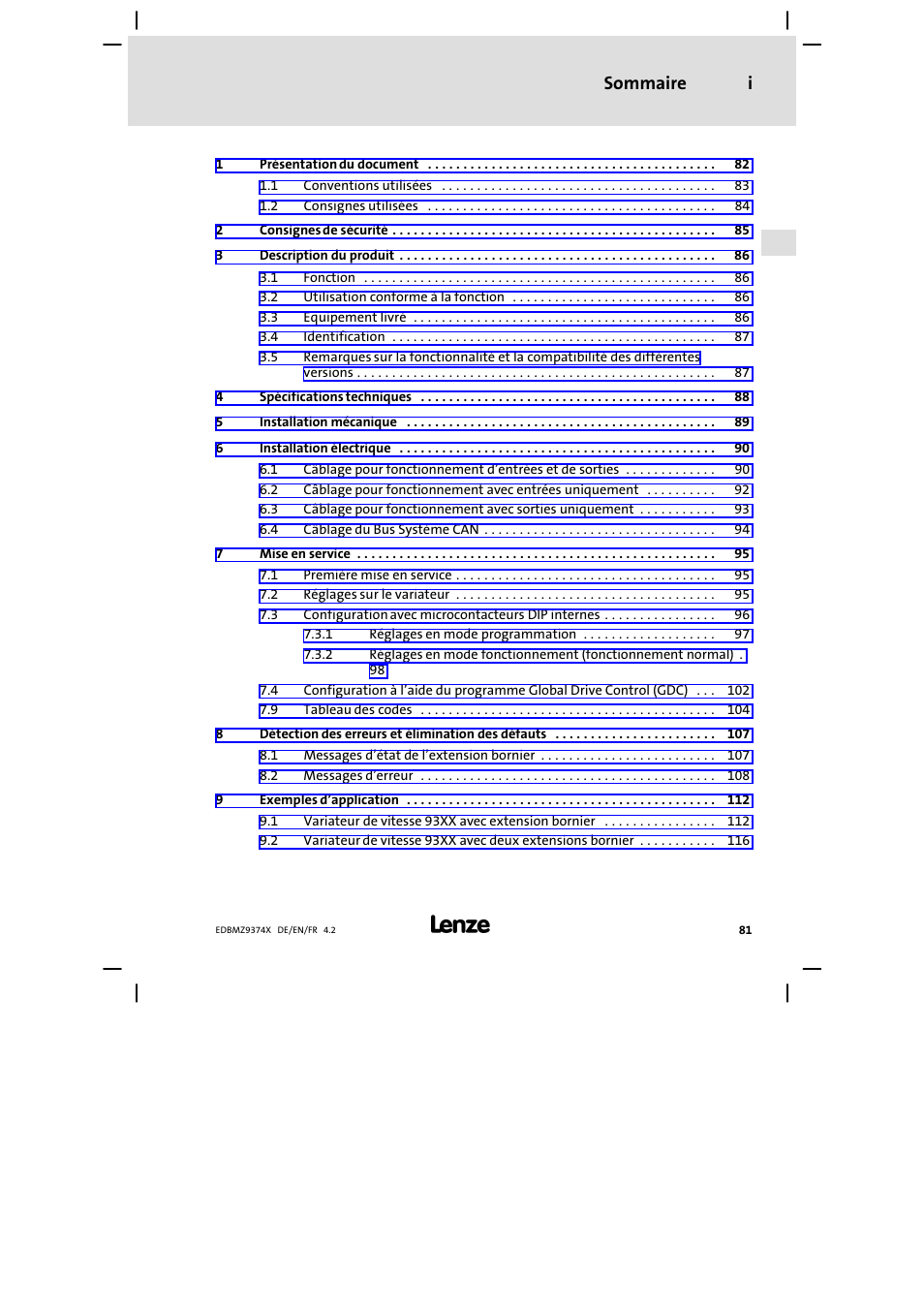 Sommaire, Sommaire i | Lenze EMZ9374IB User Manual | Page 81 / 122