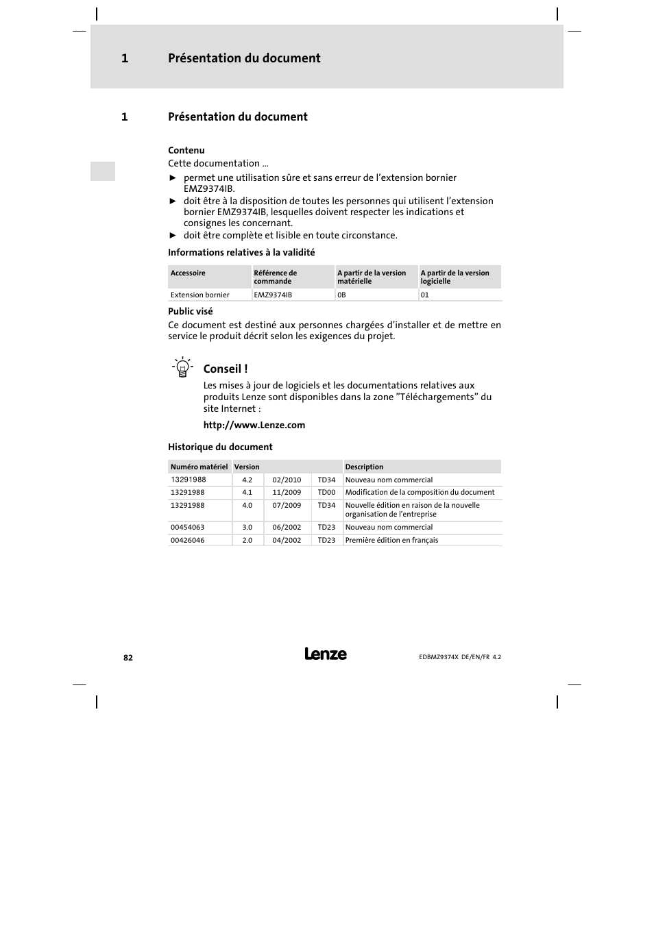 1 présentation du document, Présentation du document, Présentation du document 1 | 1présentation du document, Conseil | Lenze EMZ9374IB User Manual | Page 82 / 122
