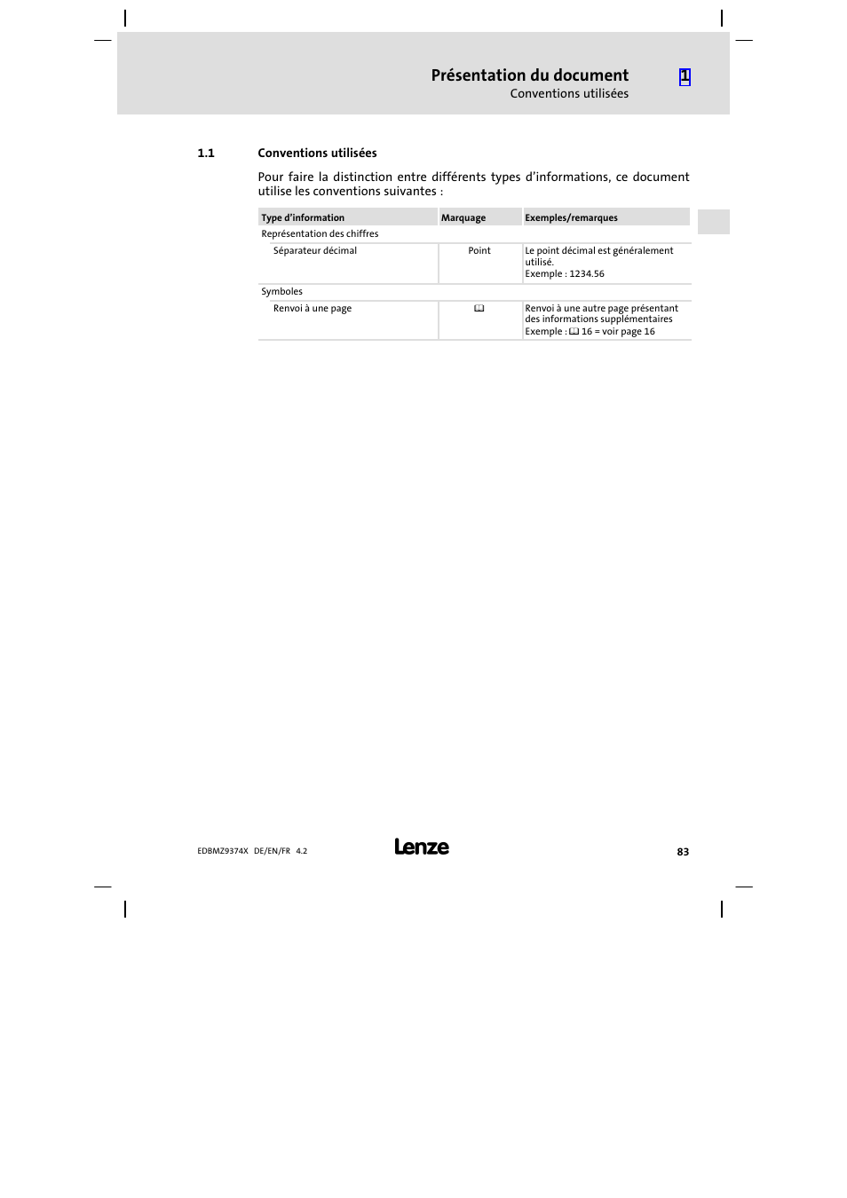 1 conventions utilisées, Conventions utilisées, Présentation du document | Lenze EMZ9374IB User Manual | Page 83 / 122