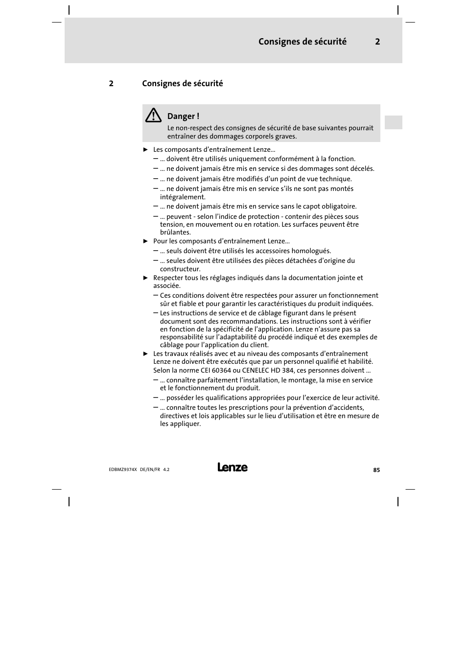 2 consignes de sécurité, Consignes de sécurité | Lenze EMZ9374IB User Manual | Page 85 / 122