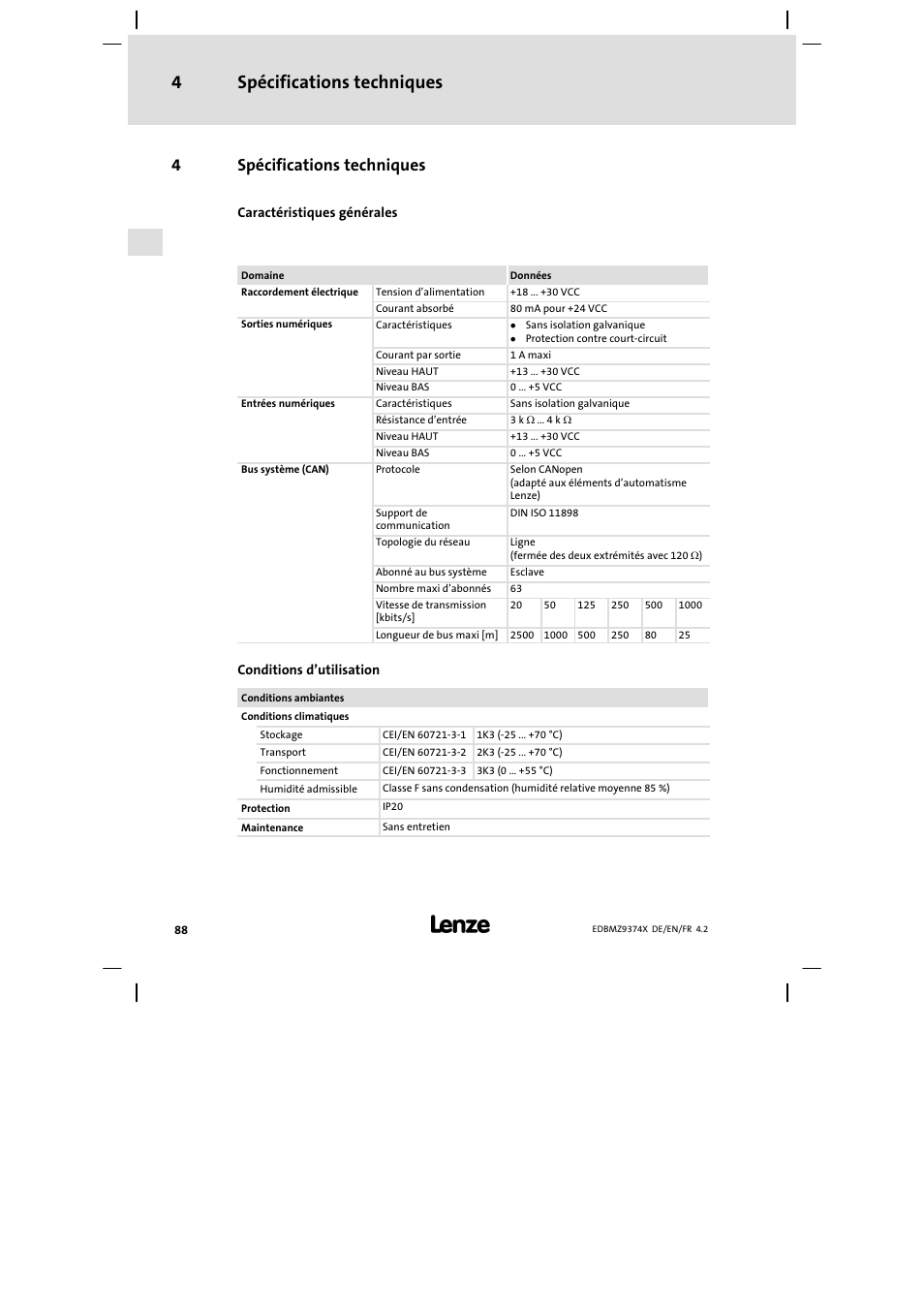 4 spécifications techniques, Spécifications techniques, Spécifications techniques 4 | 4spécifications techniques | Lenze EMZ9374IB User Manual | Page 88 / 122