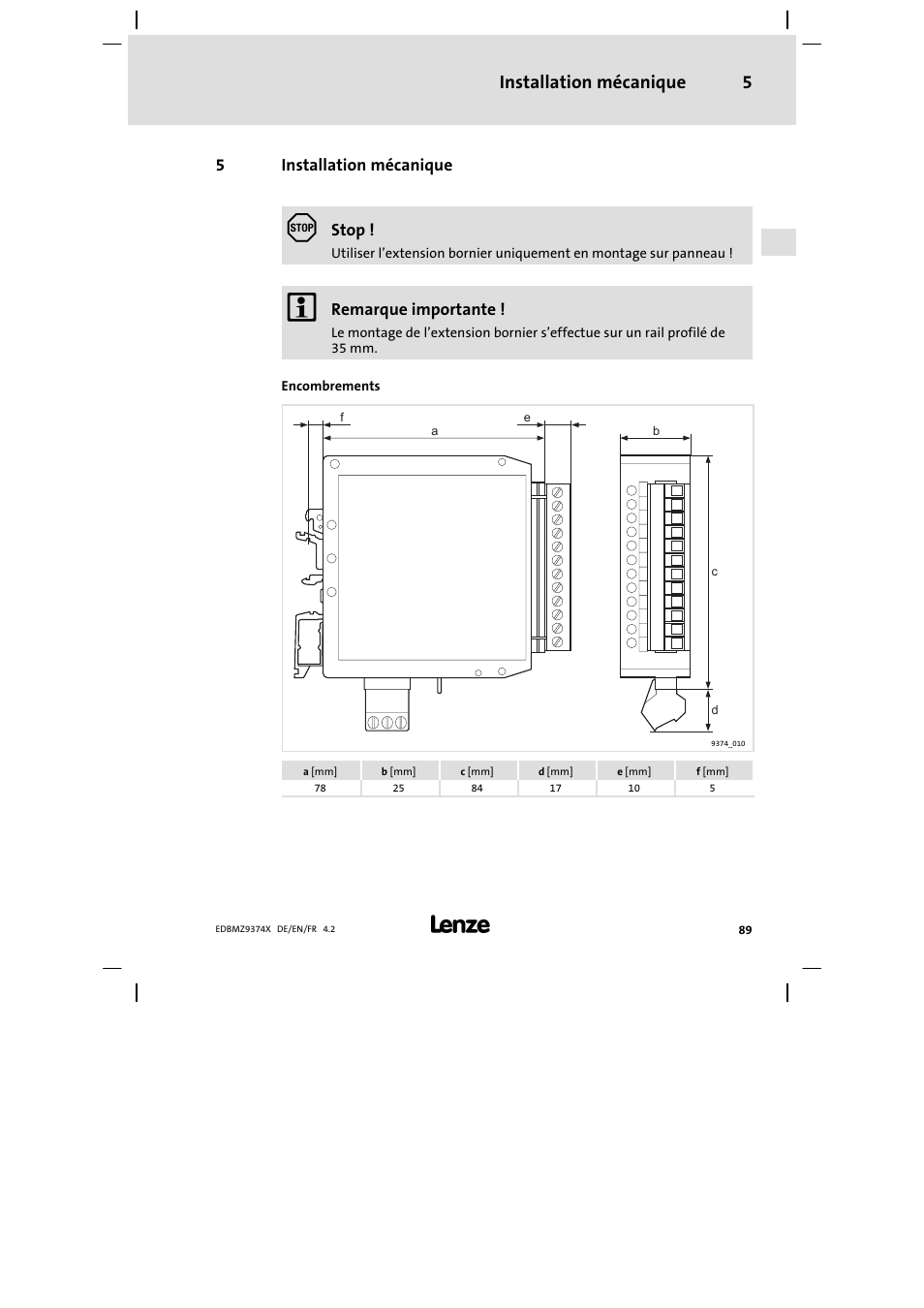 5 installation mécanique, Installation mécanique, Installation mécanique 5 | Lenze EMZ9374IB User Manual | Page 89 / 122