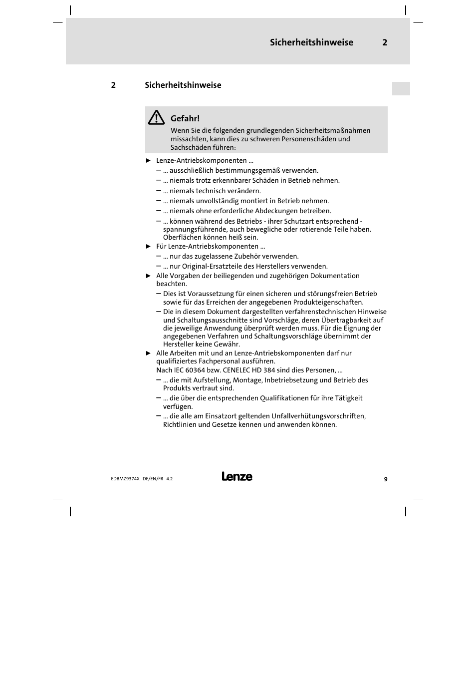 2 sicherheitshinweise, Sicherheitshinweise | Lenze EMZ9374IB User Manual | Page 9 / 122