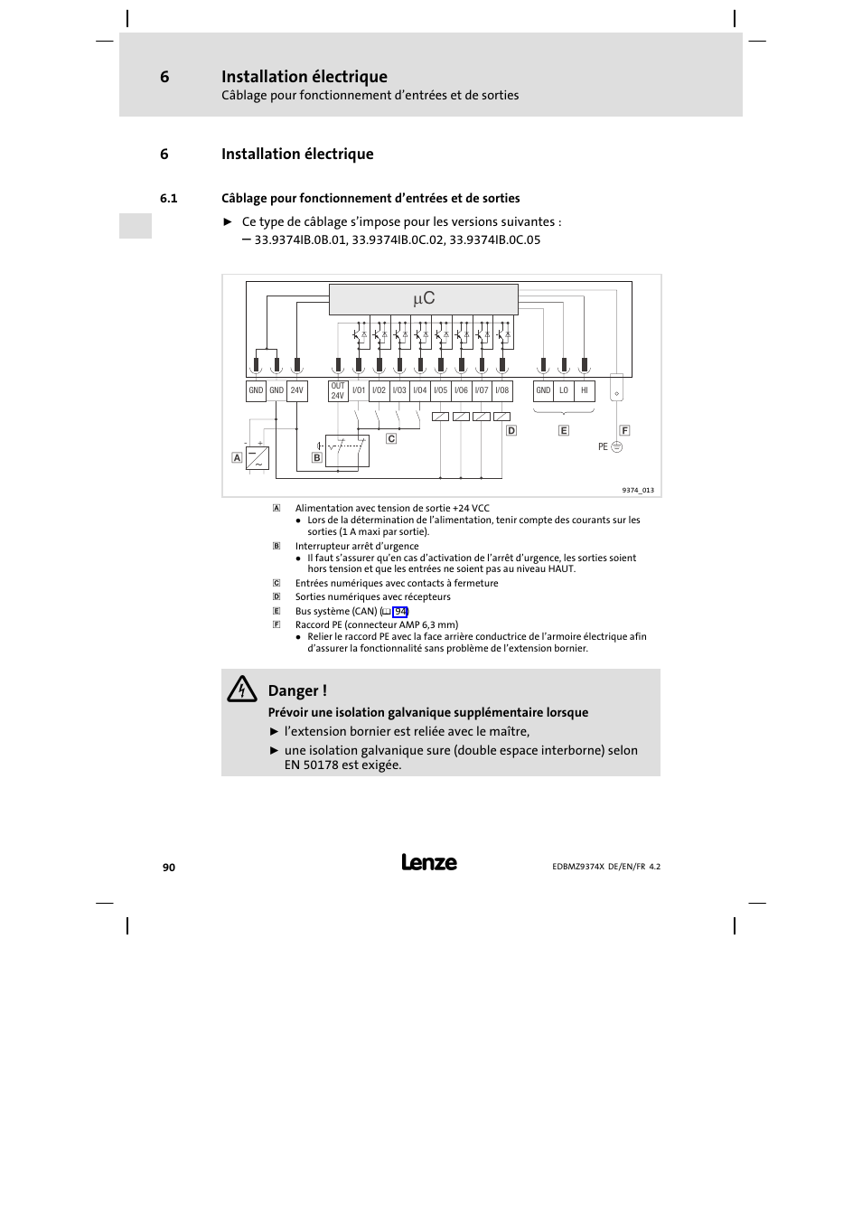 6 installation électrique, Installation électrique, 6installation électrique | Danger | Lenze EMZ9374IB User Manual | Page 90 / 122