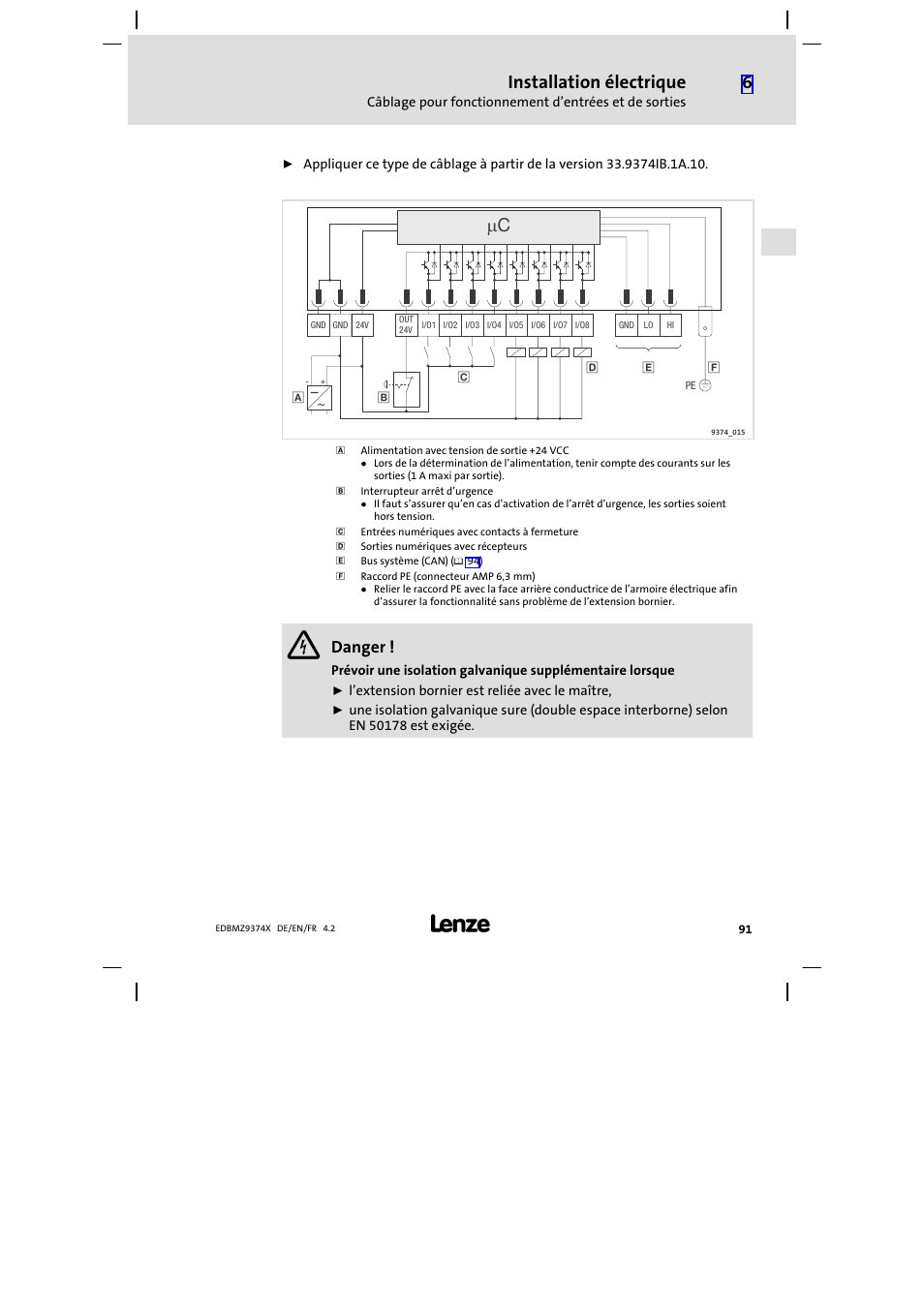 Installation électrique, Danger | Lenze EMZ9374IB User Manual | Page 91 / 122