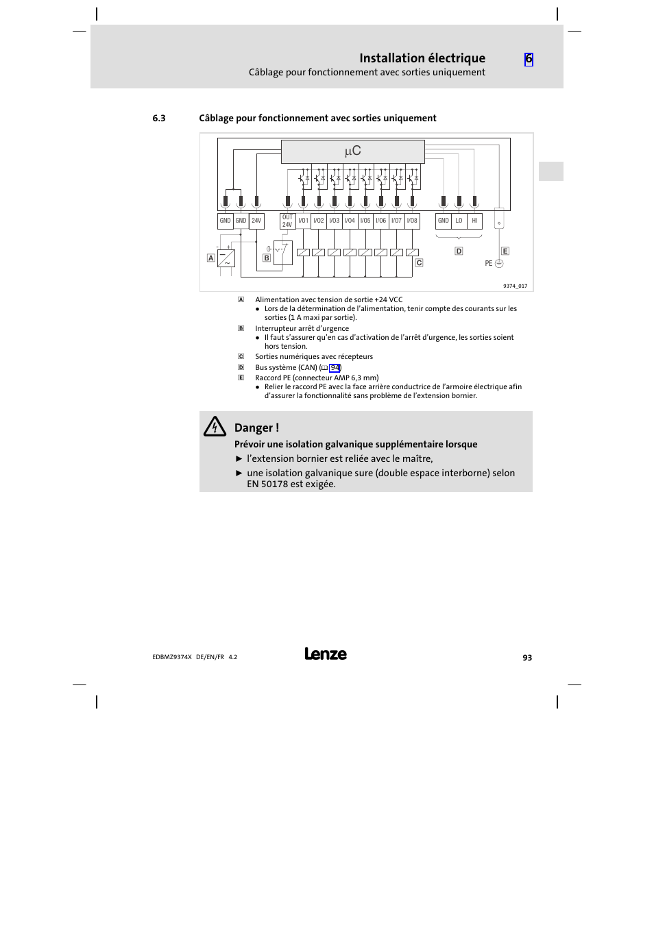 Installation électrique, Danger | Lenze EMZ9374IB User Manual | Page 93 / 122