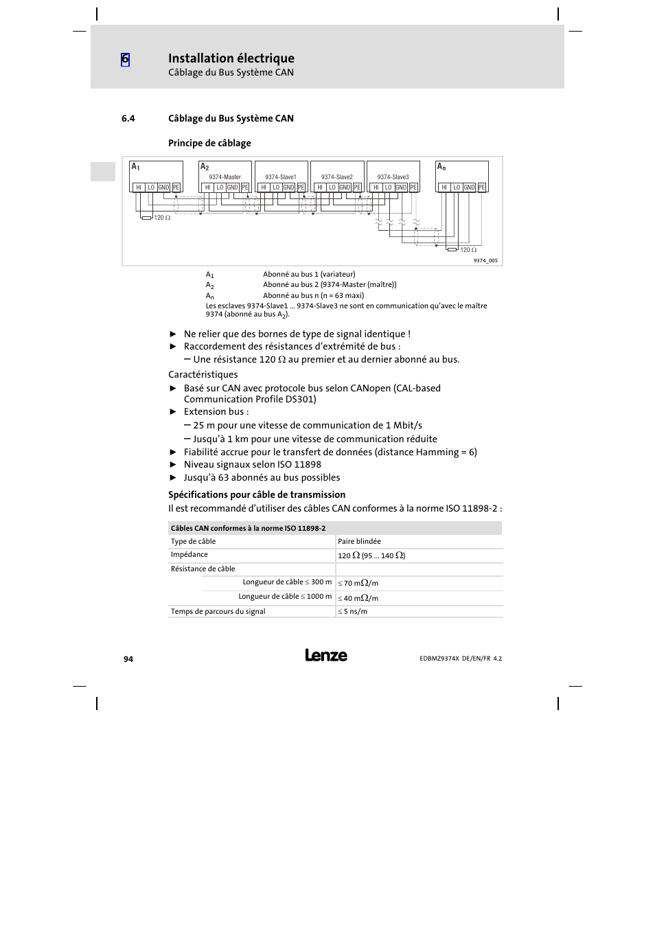 4 câblage du bus système can, Câblage du bus système can, Installation électrique | Lenze EMZ9374IB User Manual | Page 94 / 122