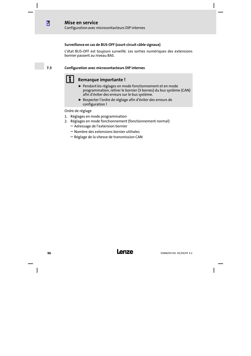 3 configuration avec microcontacteurs dip internes, Configuration avec microcontacteurs dip internes | Lenze EMZ9374IB User Manual | Page 96 / 122