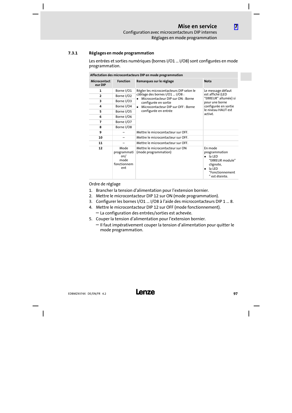 1 réglages en mode programmation, Réglages en mode programmation, Mise en service | Lenze EMZ9374IB User Manual | Page 97 / 122