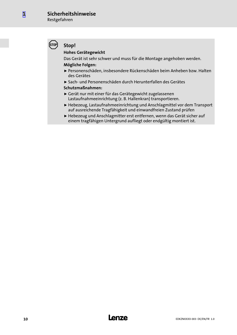 Sicherheitshinweise | Lenze EZN3x0060H054 User Manual | Page 10 / 58