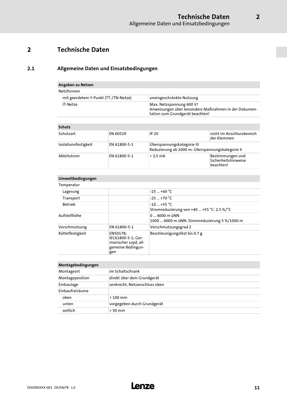 2 technische daten, 1 allgemeine daten und einsatzbedingungen, Technische daten | Allgemeine daten und einsatzbedingungen, 2technische daten | Lenze EZN3x0060H054 User Manual | Page 11 / 58