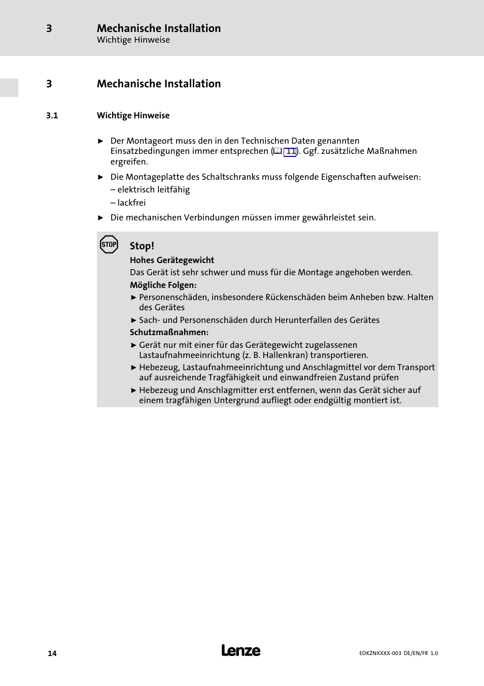 3 mechanische installation, 1 wichtige hinweise, Mechanische installation | Wichtige hinweise, 3mechanische installation | Lenze EZN3x0060H054 User Manual | Page 14 / 58