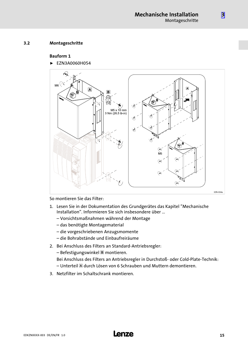 2 montageschritte, Montageschritte, Mechanische installation | Lenze EZN3x0060H054 User Manual | Page 15 / 58