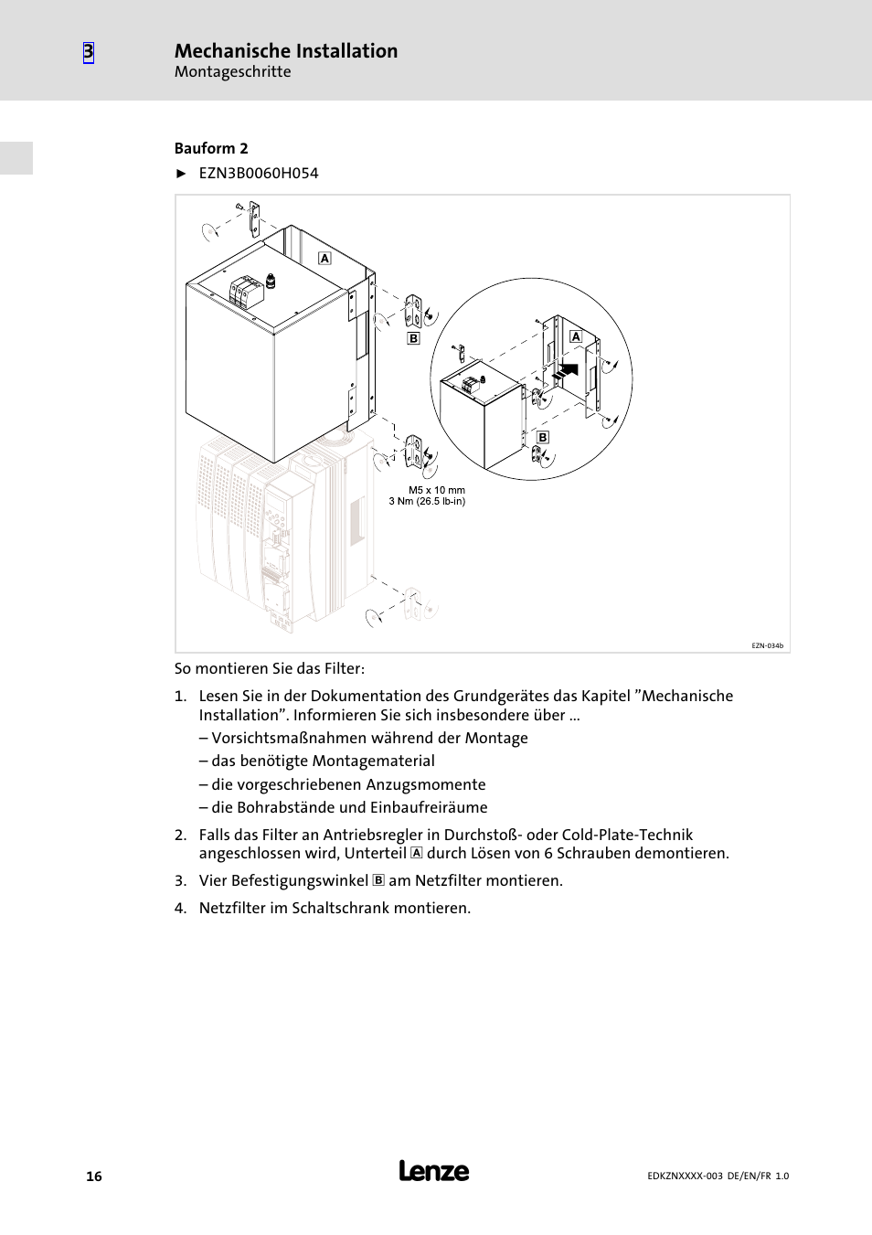 Mechanische installation | Lenze EZN3x0060H054 User Manual | Page 16 / 58