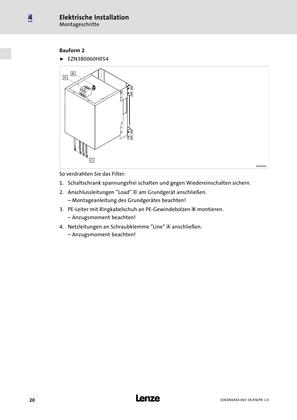 Elektrische installation | Lenze EZN3x0060H054 User Manual | Page 20 / 58