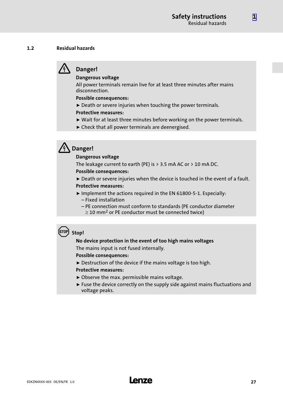 2 residual hazards, Residual hazards, Safety instructions | Lenze EZN3x0060H054 User Manual | Page 27 / 58