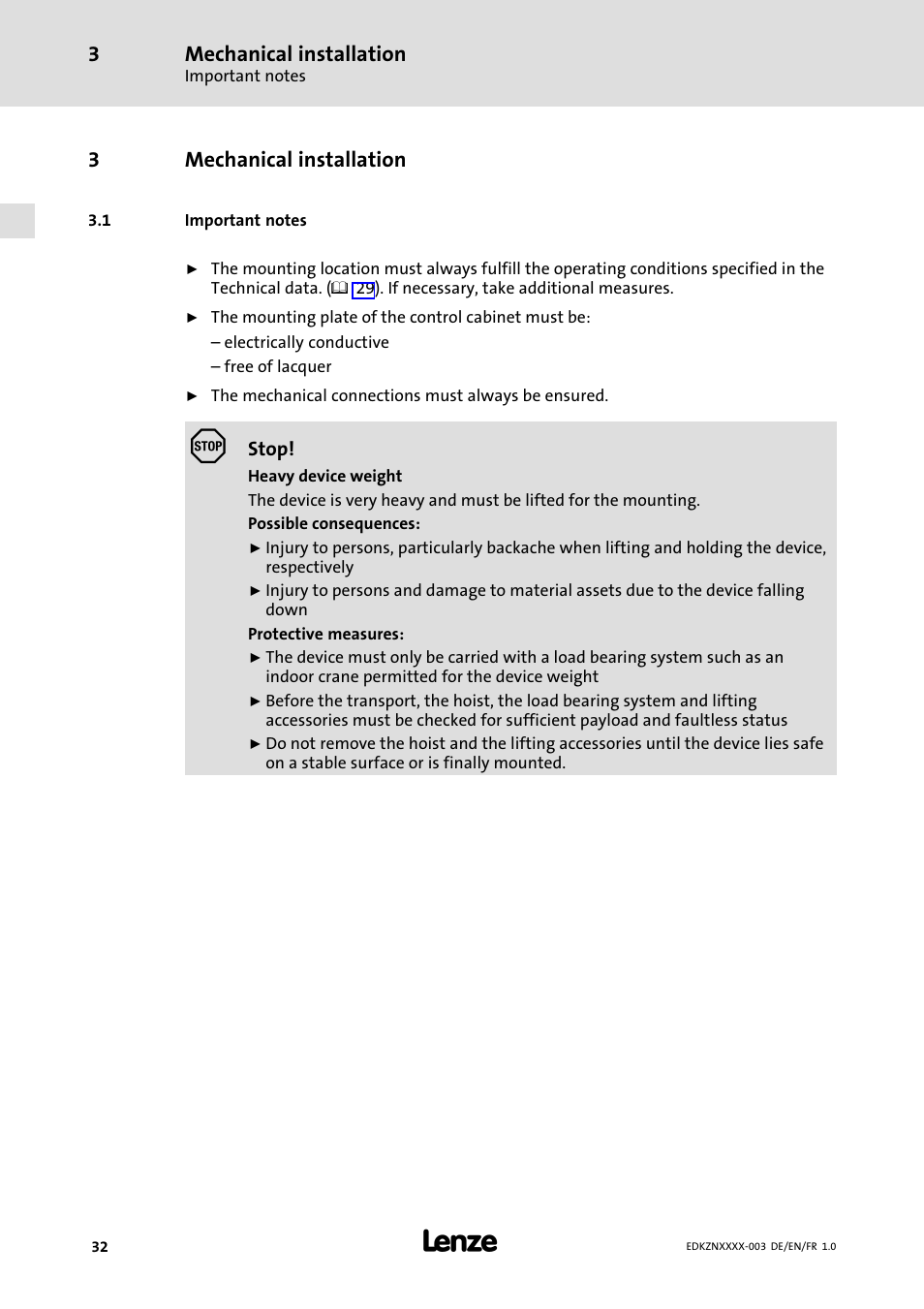 3 mechanical installation, 1 important notes, Mechanical installation | Important notes, 3mechanical installation | Lenze EZN3x0060H054 User Manual | Page 32 / 58