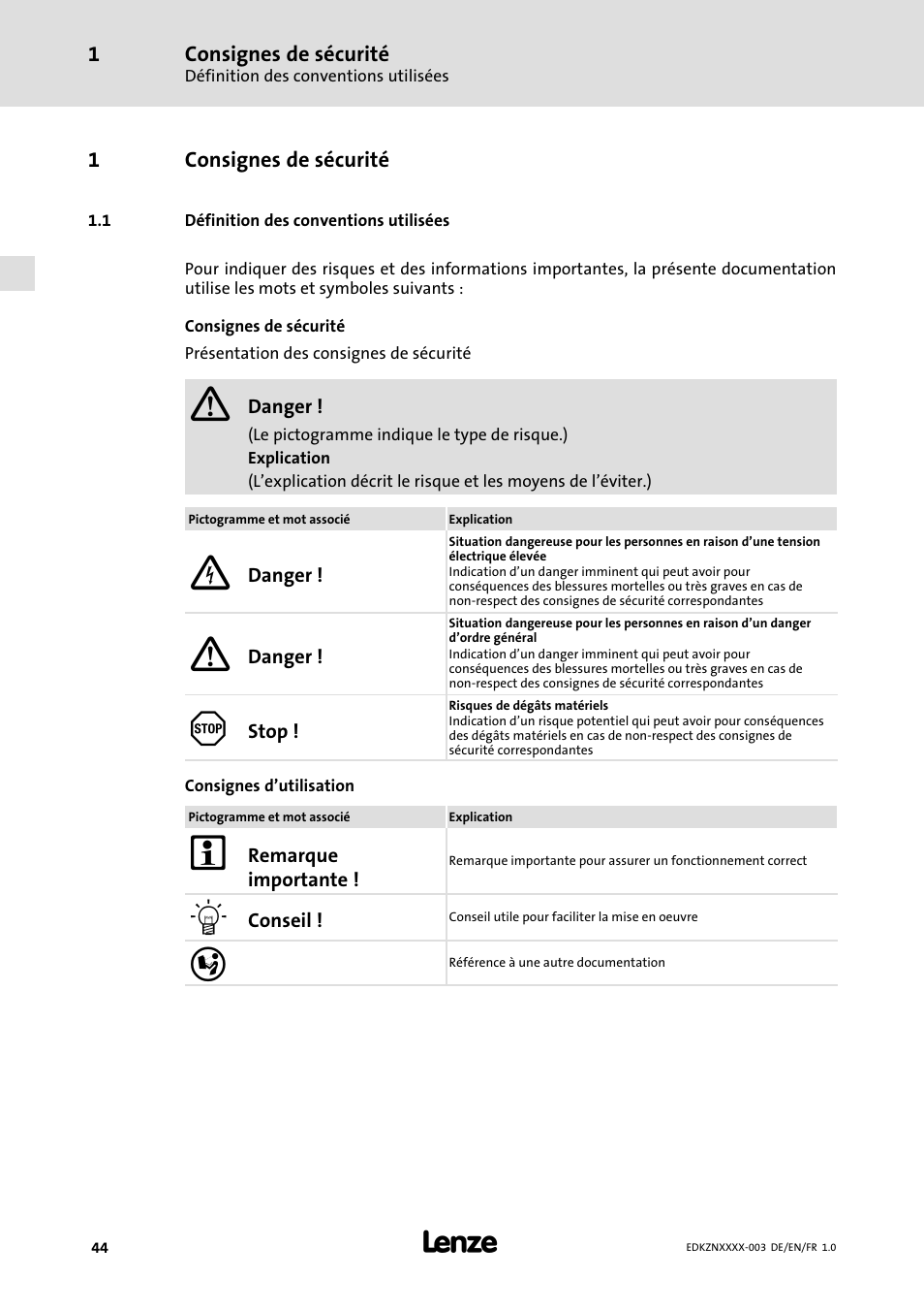 1 consignes de sécurité, 1 définition des conventions utilisées, Consignes de sécurité | Définition des conventions utilisées | Lenze EZN3x0060H054 User Manual | Page 44 / 58