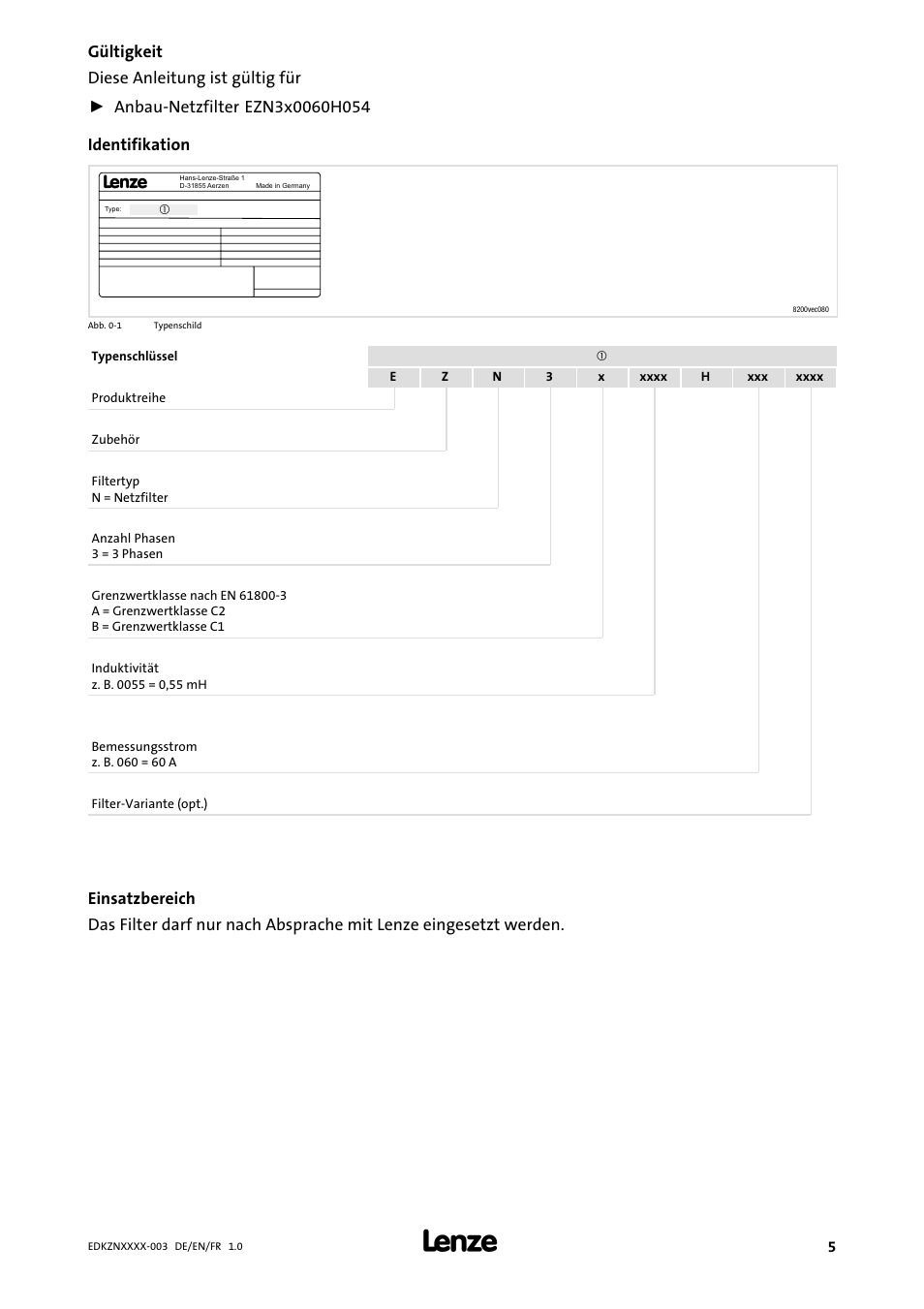 Gültigkeit | Lenze EZN3x0060H054 User Manual | Page 5 / 58