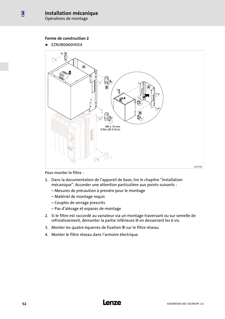 Installation mécanique | Lenze EZN3x0060H054 User Manual | Page 52 / 58