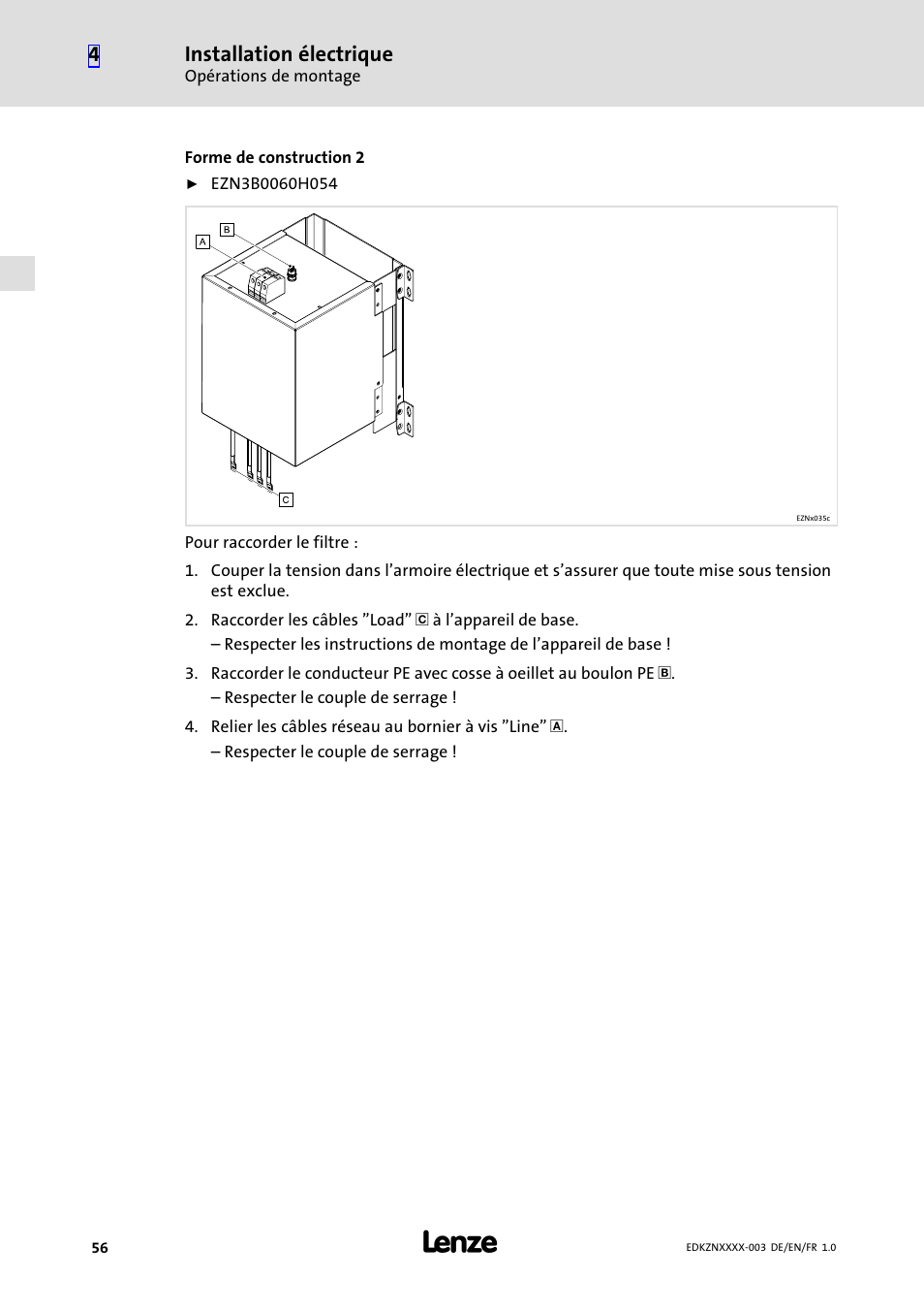 Installation électrique | Lenze EZN3x0060H054 User Manual | Page 56 / 58